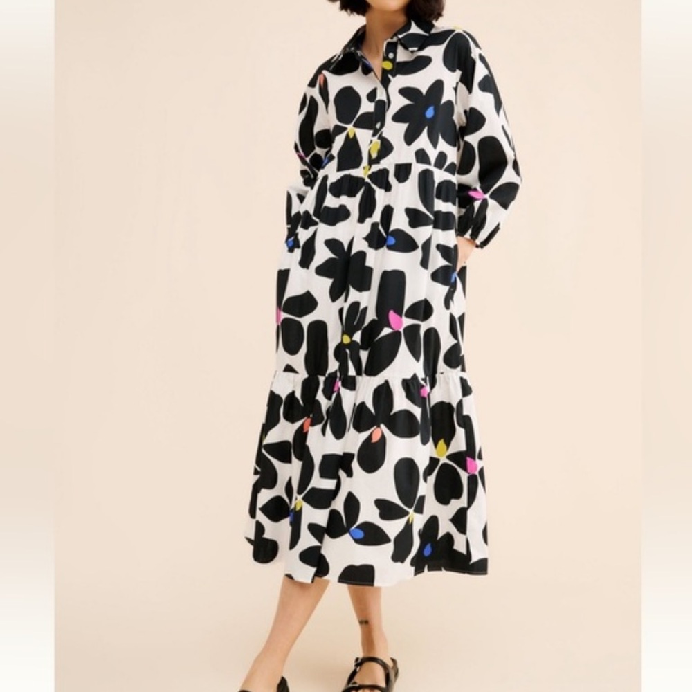 Anthropologie Black & White Floral Midi Dress with Pink, Blue & Yellow Accents